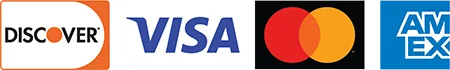 Payment icons including Discover, Visa, Mastercard and American Express.